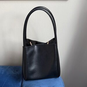 Anthropologie Black Structured Leather Tote Bag with Top Handles